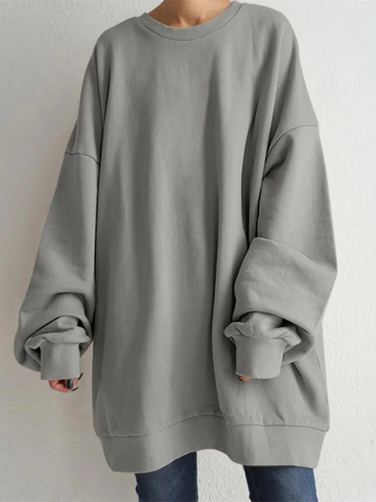 (image for) Women Puff Sleeve Crew Neck Solid Color Hem Long Sleeve Sweatshirts