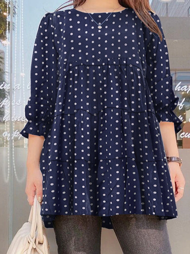 (image for) Women Puff Sleeve Daily O-Neck Spliced Dots Casual Loose Blouse