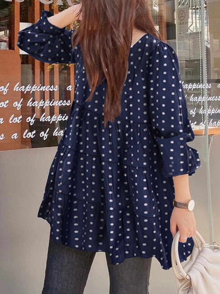 (image for) Women Puff Sleeve Daily O-Neck Spliced Dots Casual Loose Blouse