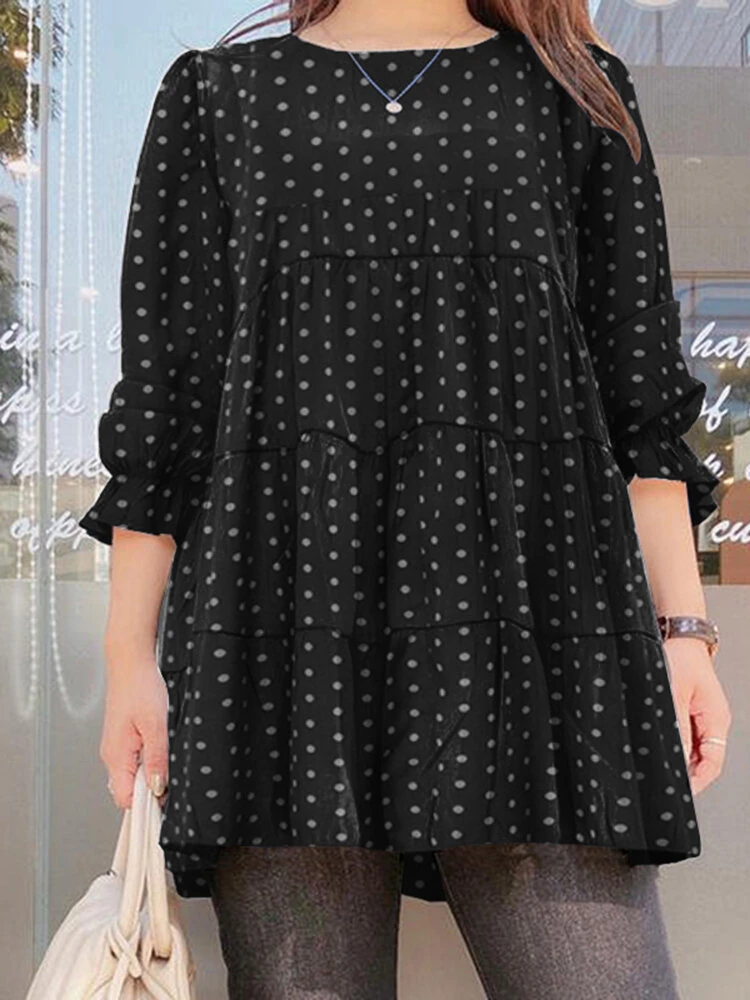 (image for) Women Puff Sleeve Daily O-Neck Spliced Dots Casual Loose Blouse
