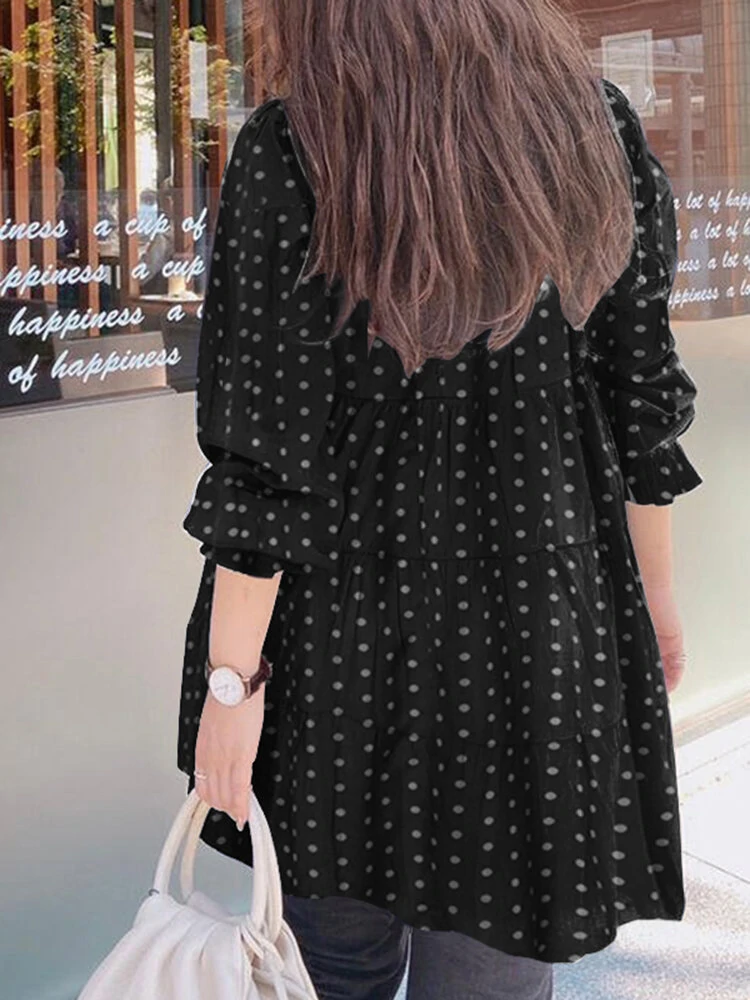 (image for) Women Puff Sleeve Daily O-Neck Spliced Dots Casual Loose Blouse