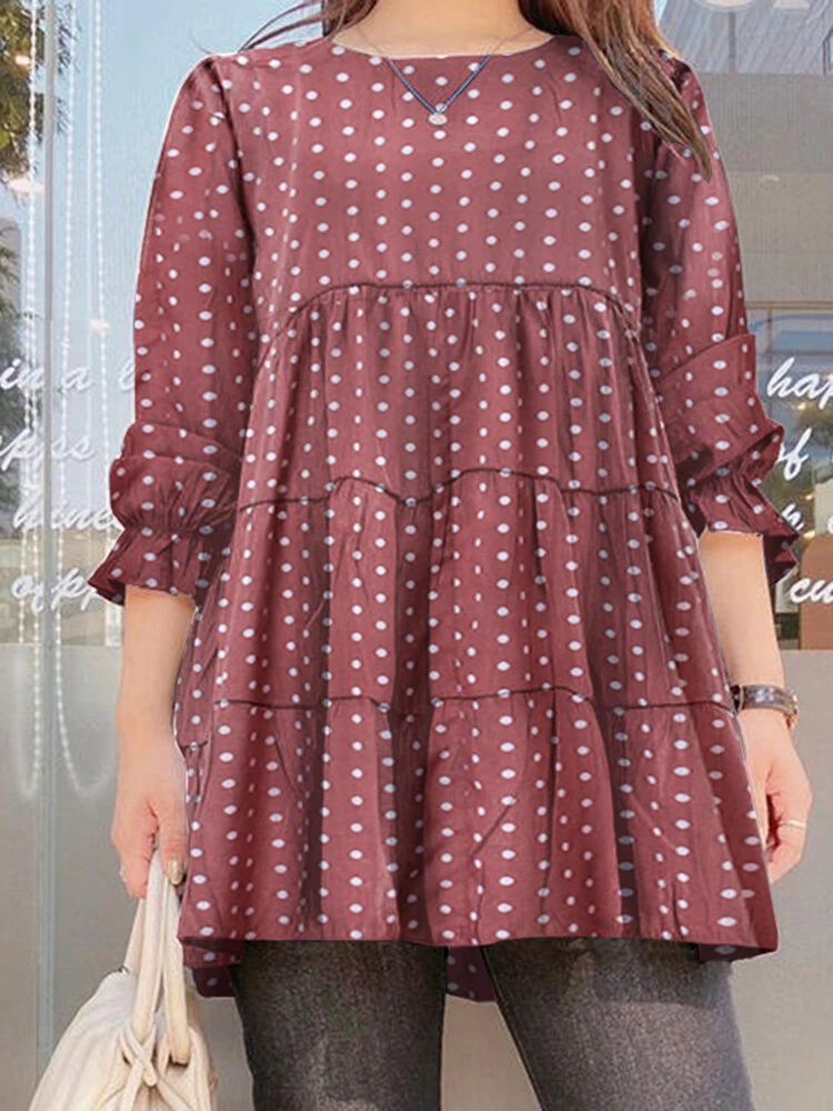 (image for) Women Puff Sleeve Daily O-Neck Spliced Dots Casual Loose Blouse