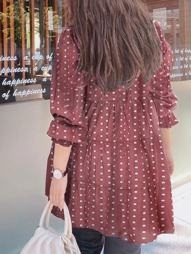 (image for) Women Puff Sleeve Daily O-Neck Spliced Dots Casual Loose Blouse