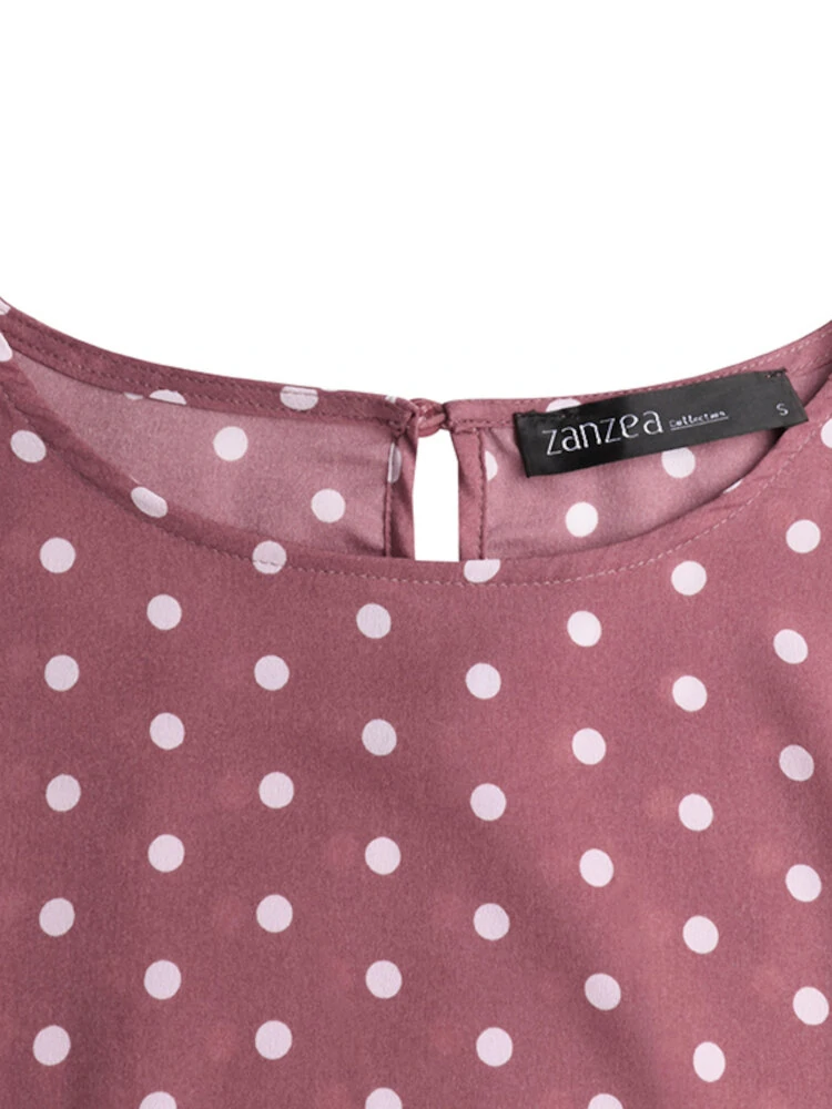 (image for) Women Puff Sleeve Daily O-Neck Spliced Dots Casual Loose Blouse