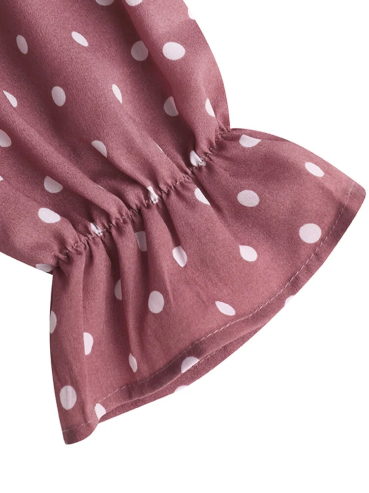 (image for) Women Puff Sleeve Daily O-Neck Spliced Dots Casual Loose Blouse