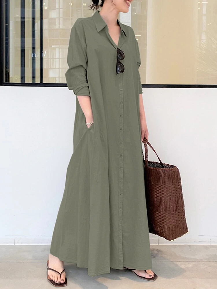 (image for) Women Retro Solid Color Turn-Down Collar Loose Casual Shirt Dress With Pocket