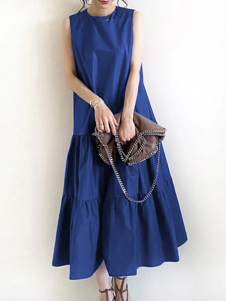 (image for) Women Sleeveless Solid Color O-neck Casual Layered Maxi Dress