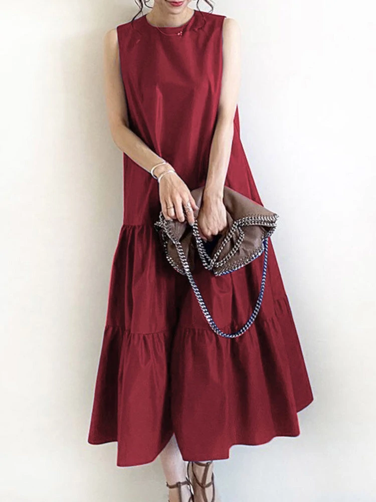 (image for) Women Sleeveless Solid Color O-neck Casual Layered Maxi Dress