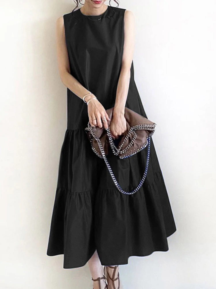 (image for) Women Sleeveless Solid Color O-neck Casual Layered Maxi Dress