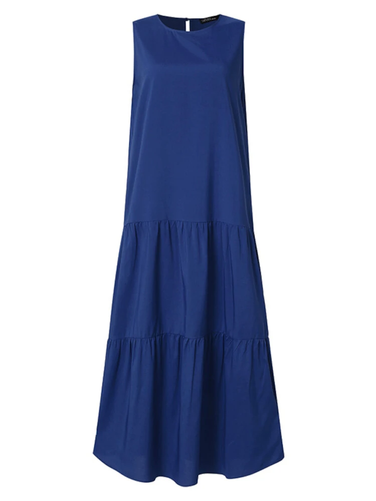 (image for) Women Sleeveless Solid Color O-neck Casual Layered Maxi Dress