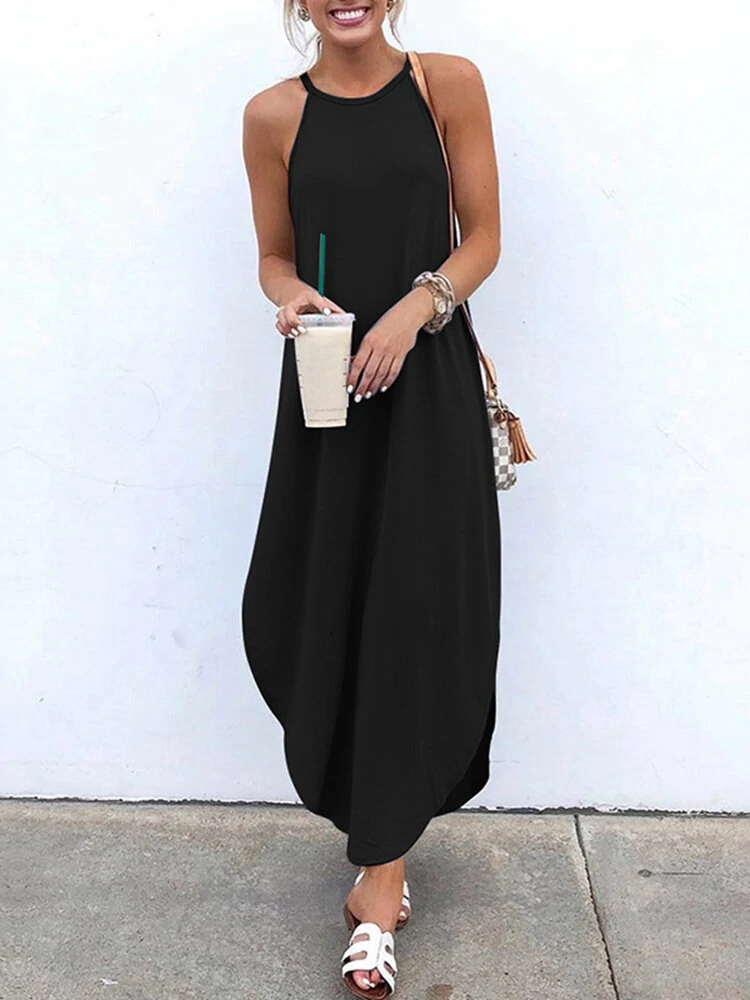 (image for) Women Sleeveless Straps High Low Hem Solid Causal Maxi Dress