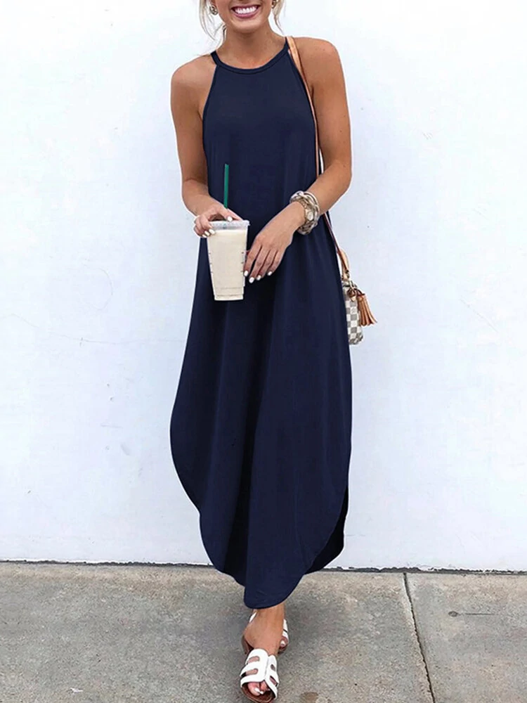 (image for) Women Sleeveless Straps High Low Hem Solid Causal Maxi Dress