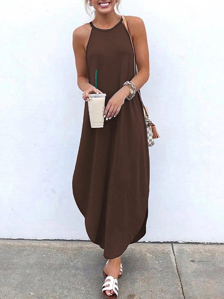 (image for) Women Sleeveless Straps High Low Hem Solid Causal Maxi Dress