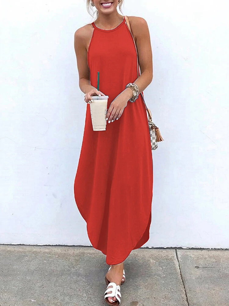 (image for) Women Sleeveless Straps High Low Hem Solid Causal Maxi Dress