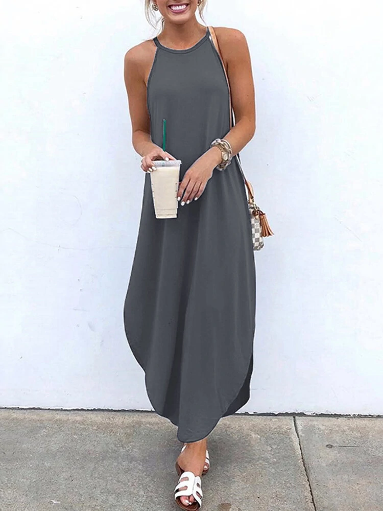 (image for) Women Sleeveless Straps High Low Hem Solid Causal Maxi Dress