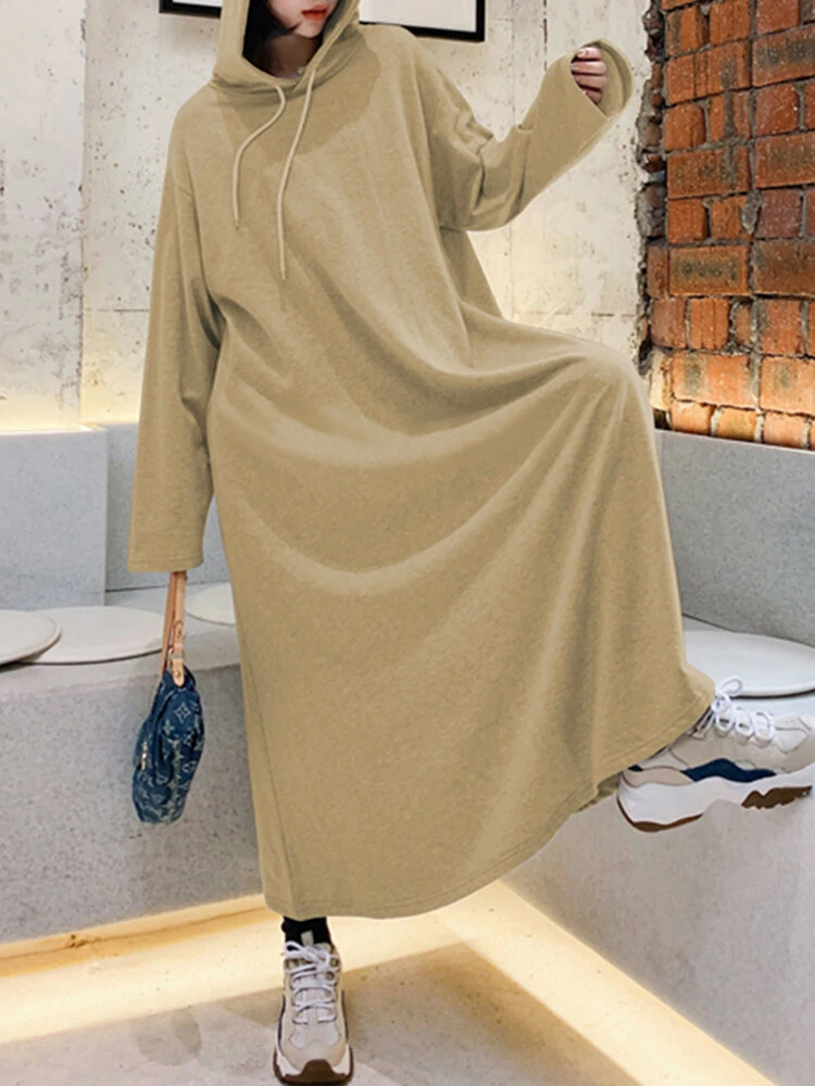(image for) Women Solid Color Irregular Hem Casual Hooded Sweatshirt Maxi Dresses With Side Pocket