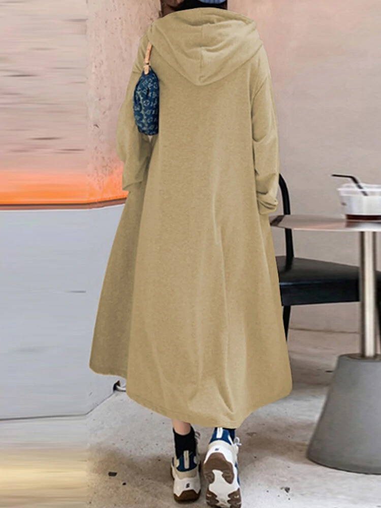 (image for) Women Solid Color Irregular Hem Casual Hooded Sweatshirt Maxi Dresses With Side Pocket