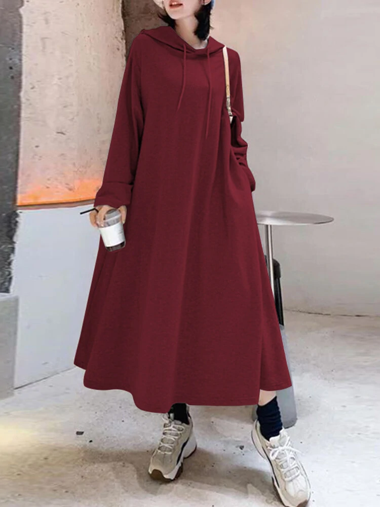 (image for) Women Solid Color Irregular Hem Casual Hooded Sweatshirt Maxi Dresses With Side Pocket