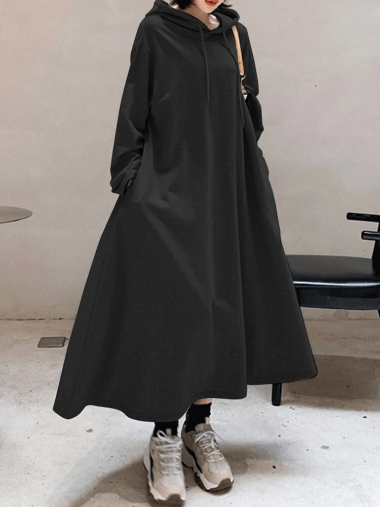 (image for) Women Solid Color Irregular Hem Casual Hooded Sweatshirt Maxi Dresses With Side Pocket