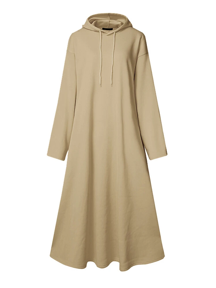 (image for) Women Solid Color Irregular Hem Casual Hooded Sweatshirt Maxi Dresses With Side Pocket