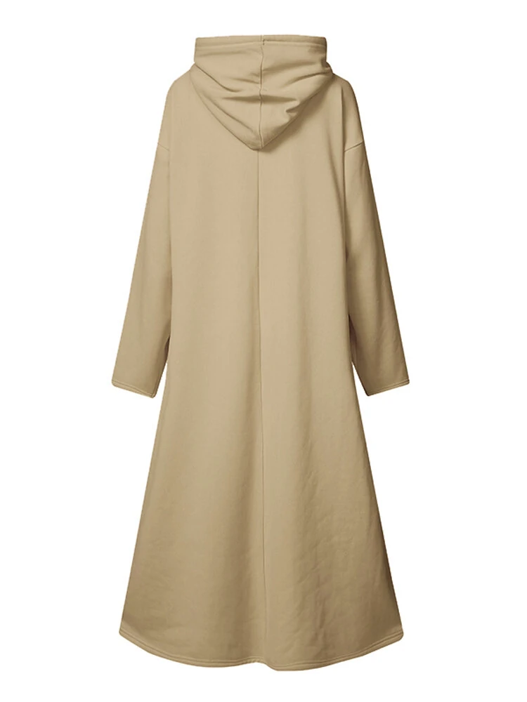 (image for) Women Solid Color Irregular Hem Casual Hooded Sweatshirt Maxi Dresses With Side Pocket