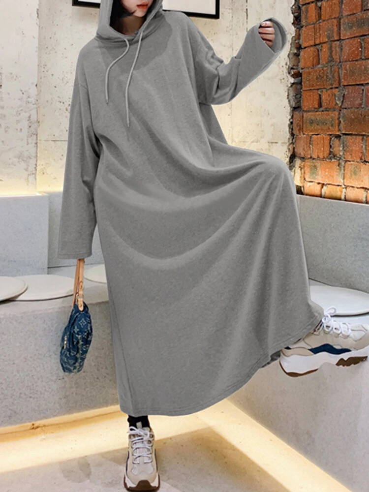 (image for) Women Solid Color Irregular Hem Casual Hooded Sweatshirt Maxi Dresses With Side Pocket