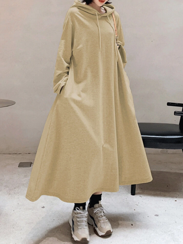 (image for) Women Solid Color Irregular Hem Casual Hooded Sweatshirt Maxi Dresses With Side Pocket