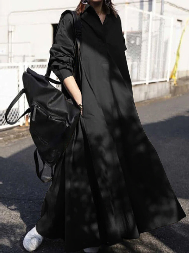 (image for) Women Solid Color Turn-down Collar Long Sleeve Button Casual Shirt Dresses With Pocket