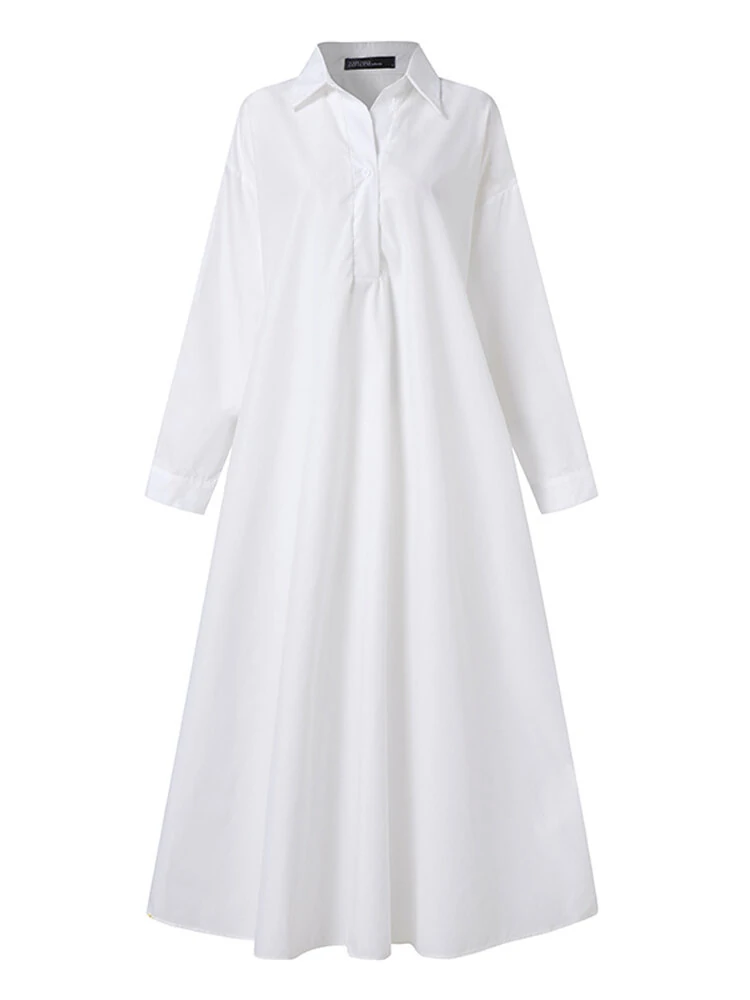 (image for) Women Solid Color Turn-down Collar Long Sleeve Button Casual Shirt Dresses With Pocket