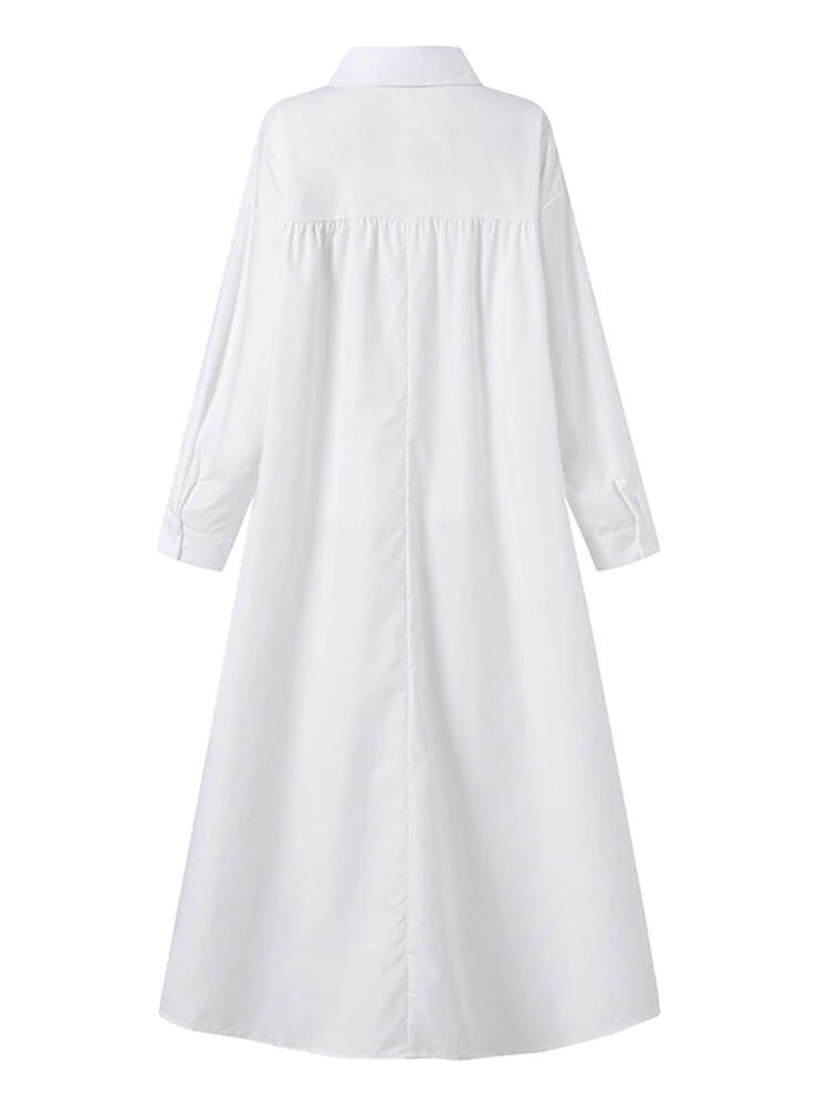 (image for) Women Solid Color Turn-down Collar Long Sleeve Button Casual Shirt Dresses With Pocket