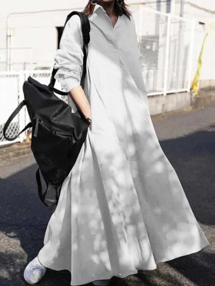 (image for) Women Solid Color Turn-down Collar Long Sleeve Button Casual Shirt Dresses With Pocket