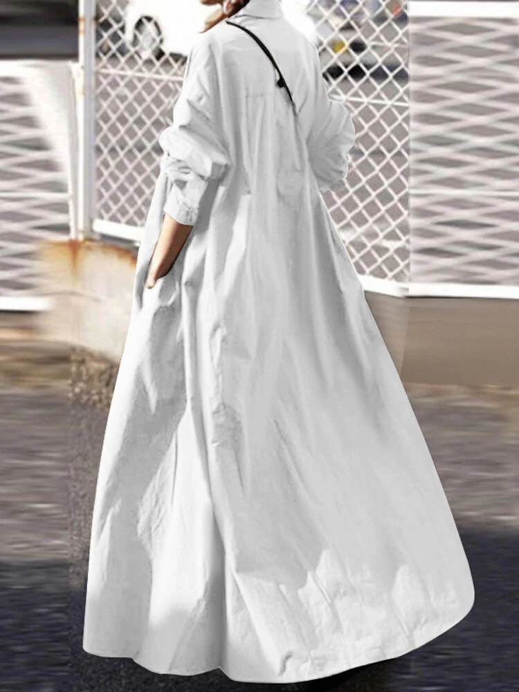 (image for) Women Solid Color Turn-down Collar Long Sleeve Button Casual Shirt Dresses With Pocket