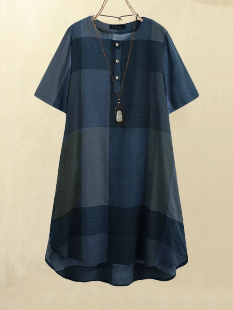 (image for) Women Vintage Plaid Print Button Front O-Neck Short Sleeve Loose Casual Shirt Dress With Pocket