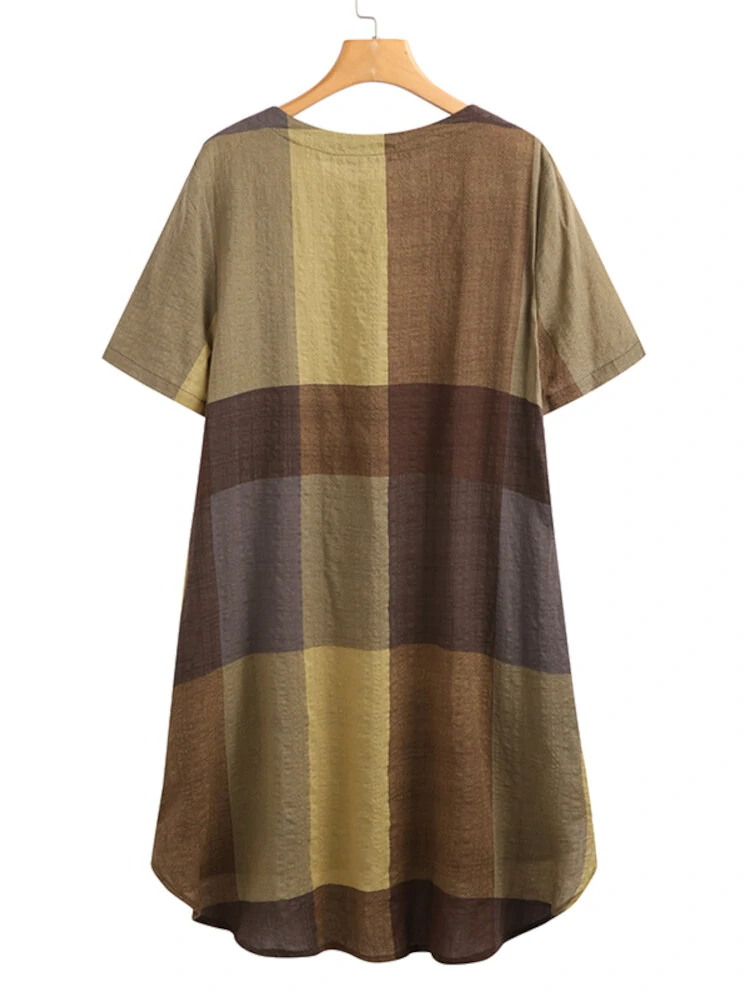 (image for) Women Vintage Plaid Print Button Front O-Neck Short Sleeve Loose Casual Shirt Dress With Pocket