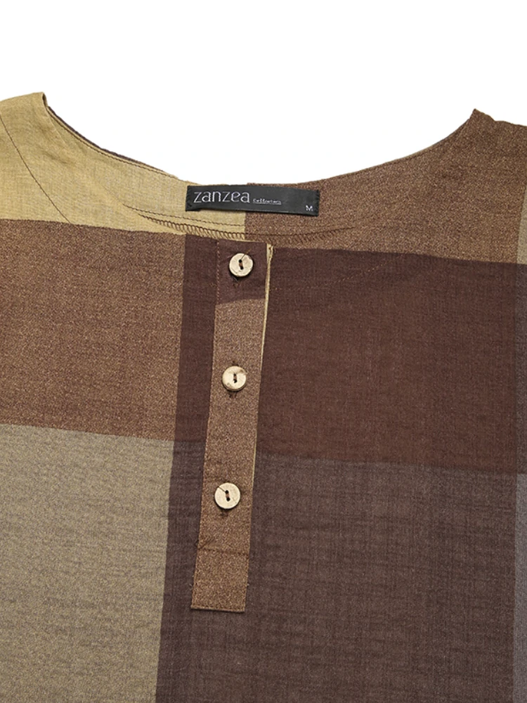 (image for) Women Vintage Plaid Print Button Front O-Neck Short Sleeve Loose Casual Shirt Dress With Pocket