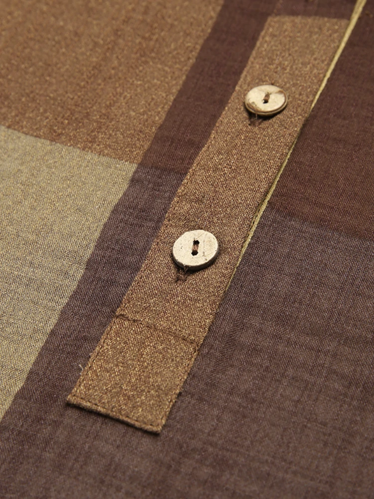 (image for) Women Vintage Plaid Print Button Front O-Neck Short Sleeve Loose Casual Shirt Dress With Pocket