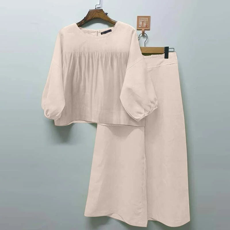 (image for) ZANZEA 2pcs Women Loose Fit Long Sleeve Top Long Trousers Casual Solid Color Two Piece Set Plus Size S-5XL