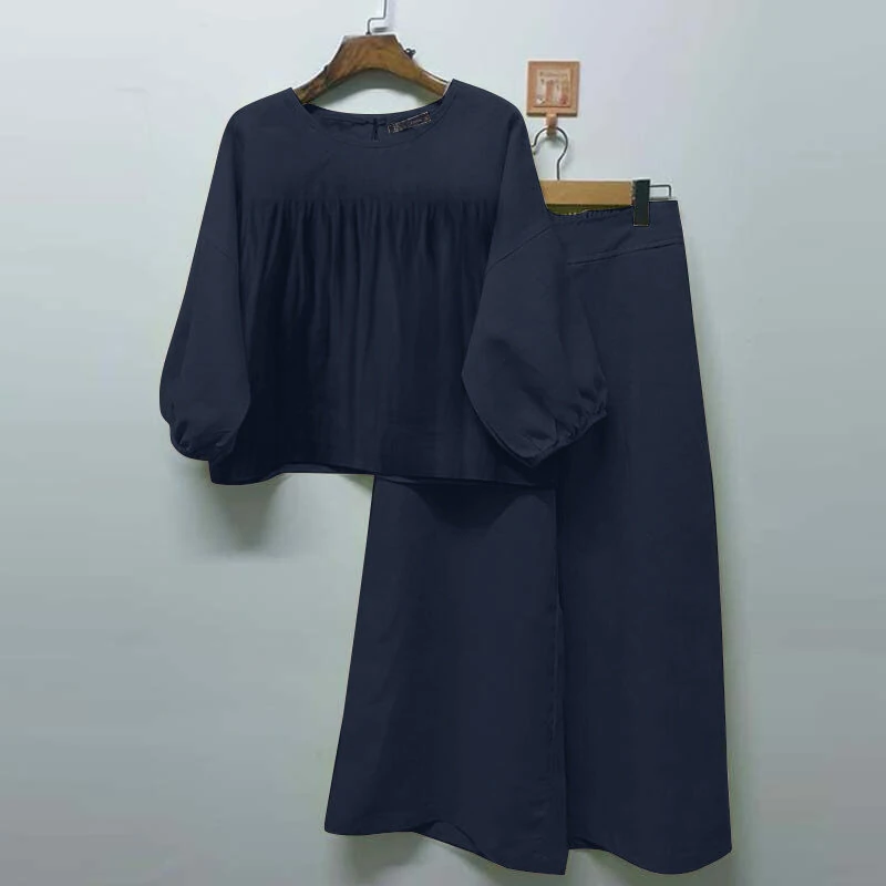 (image for) ZANZEA 2pcs Women Loose Fit Long Sleeve Top Long Trousers Casual Solid Color Two Piece Set Plus Size S-5XL