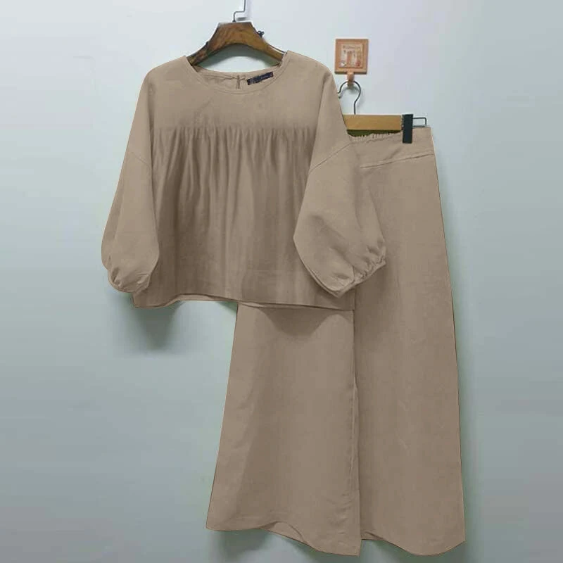 (image for) ZANZEA 2pcs Women Loose Fit Long Sleeve Top Long Trousers Casual Solid Color Two Piece Set Plus Size S-5XL