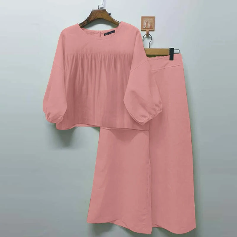 (image for) ZANZEA 2pcs Women Loose Fit Long Sleeve Top Long Trousers Casual Solid Color Two Piece Set Plus Size S-5XL