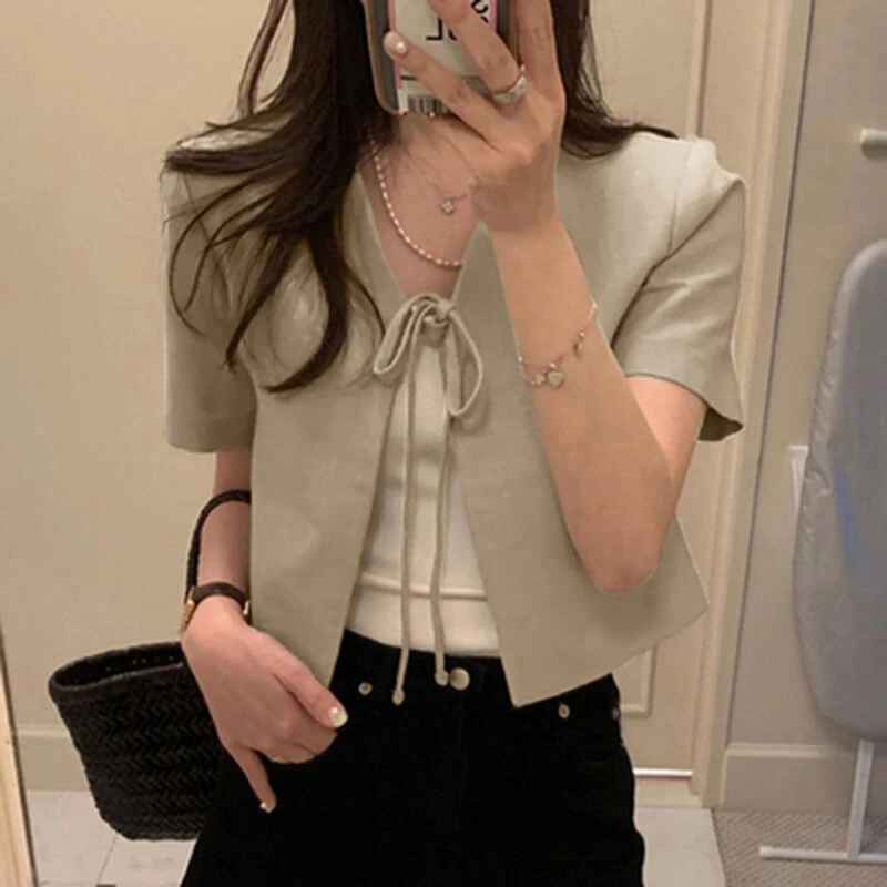 (image for) ZANZEA Daily Short Suit Jacket with Tie Front Collar, Short Sleeves Cotton Linen Blend Women's Blazer