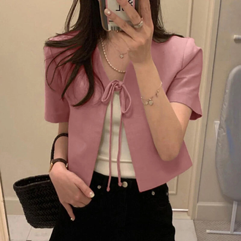 (image for) ZANZEA Daily Short Suit Jacket with Tie Front Collar, Short Sleeves Cotton Linen Blend Women's Blazer