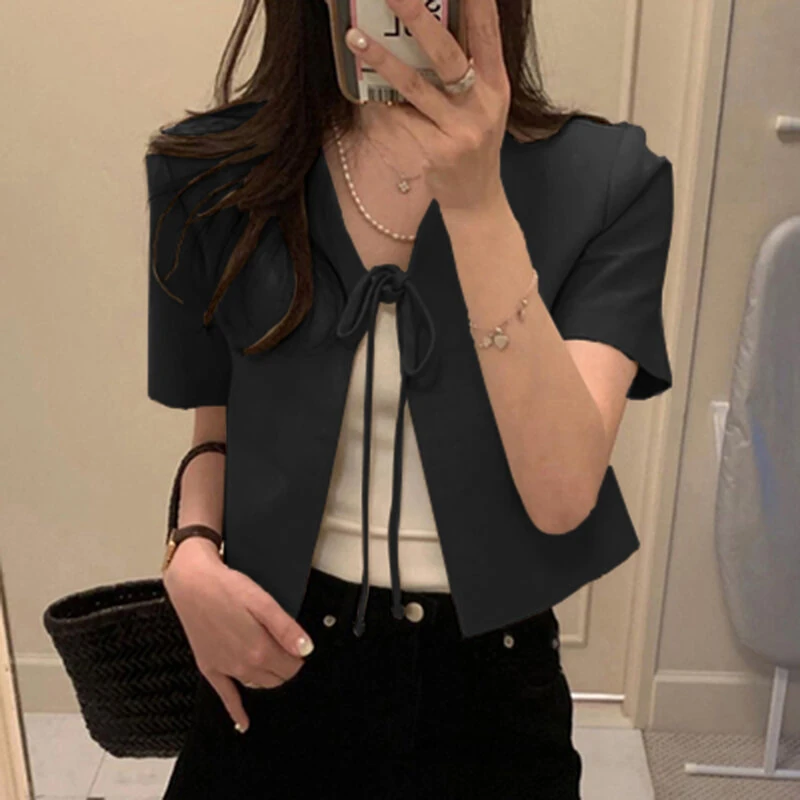 (image for) ZANZEA Daily Short Suit Jacket with Tie Front Collar, Short Sleeves Cotton Linen Blend Women's Blazer