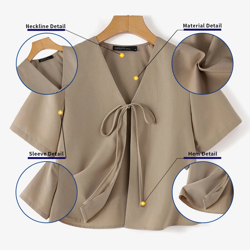 (image for) ZANZEA Daily Short Suit Jacket with Tie Front Collar, Short Sleeves Cotton Linen Blend Women's Blazer