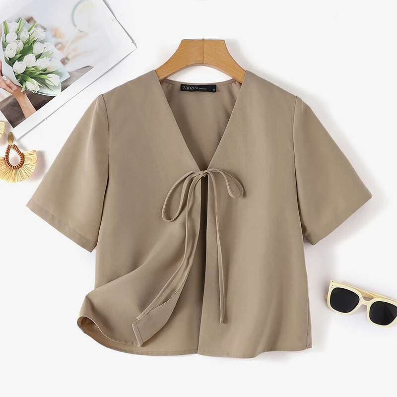 (image for) ZANZEA Daily Short Suit Jacket with Tie Front Collar, Short Sleeves Cotton Linen Blend Women's Blazer