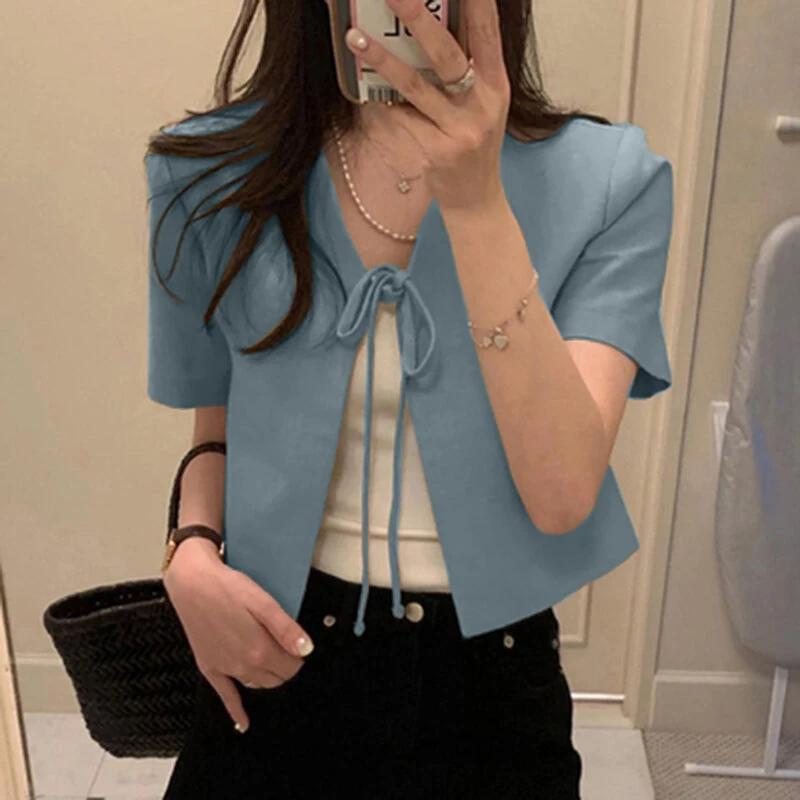 (image for) ZANZEA Daily Short Suit Jacket with Tie Front Collar, Short Sleeves Cotton Linen Blend Women's Blazer