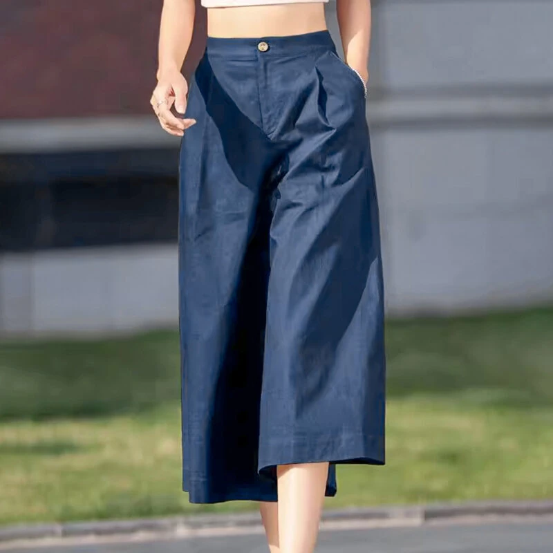 (image for) ZANZEA Daily Style Womens Crop Long Pants High Waisted Casual Loose Wide Leg Trousers