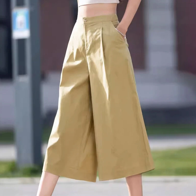 (image for) ZANZEA Daily Style Womens Crop Long Pants High Waisted Casual Loose Wide Leg Trousers