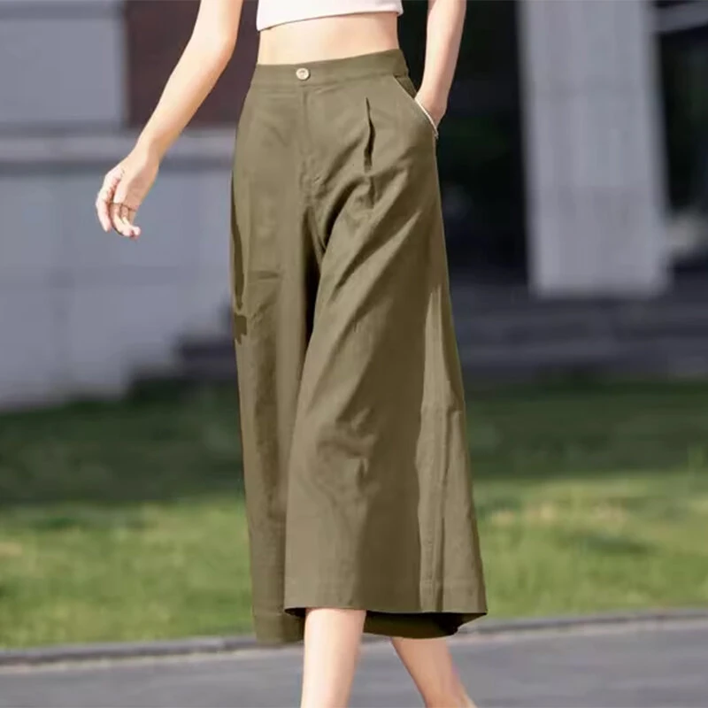 (image for) ZANZEA Daily Style Womens Crop Long Pants High Waisted Casual Loose Wide Leg Trousers