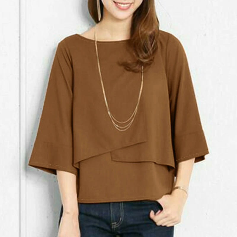 (image for) ZANZEA Elegant Style Women's Blouse Round Neck Half Sleeve Double Layer Casual Shirt Fashion Pullover Top